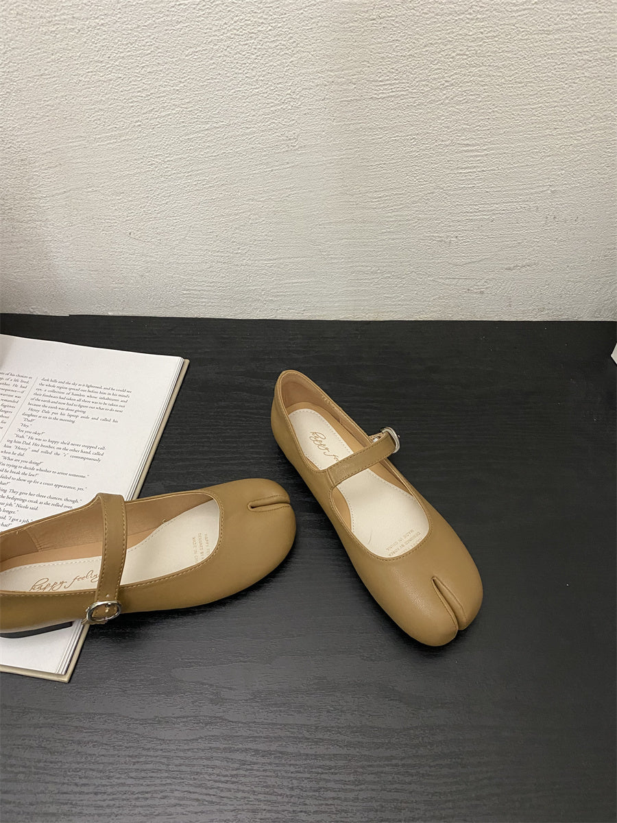 French Flat White Split Toe Mary Jane Single Shoe For Women