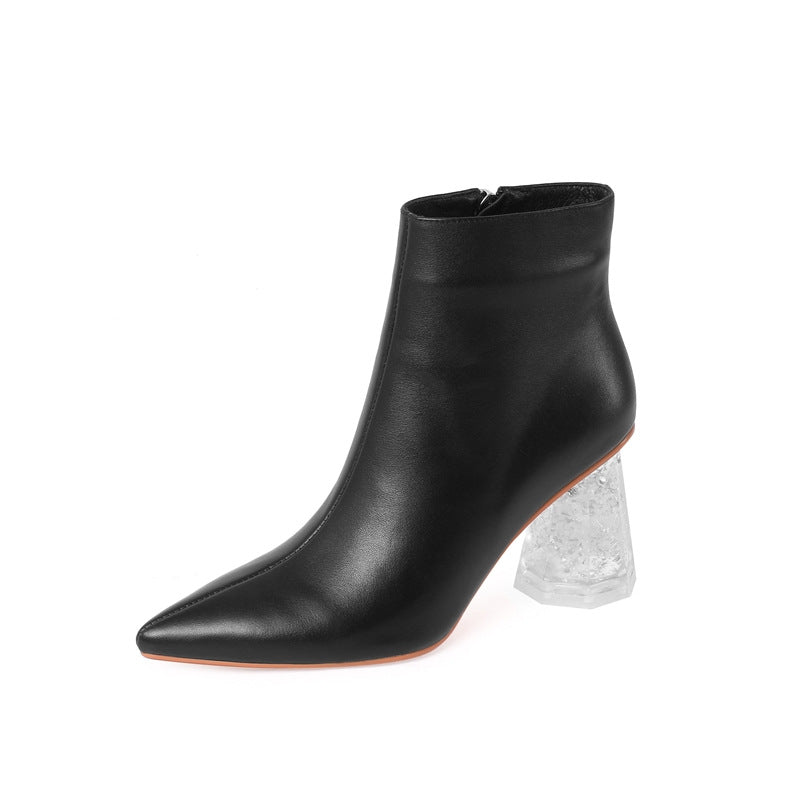 Botas cortas con punta puntiaguda para mujer, botas retro de tacón grueso de cristal, botas individuales