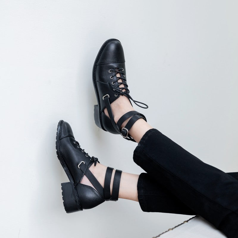 Leather Square Heel Round Toe Front Lace-Up Leather Buckle Small Leather Shoes