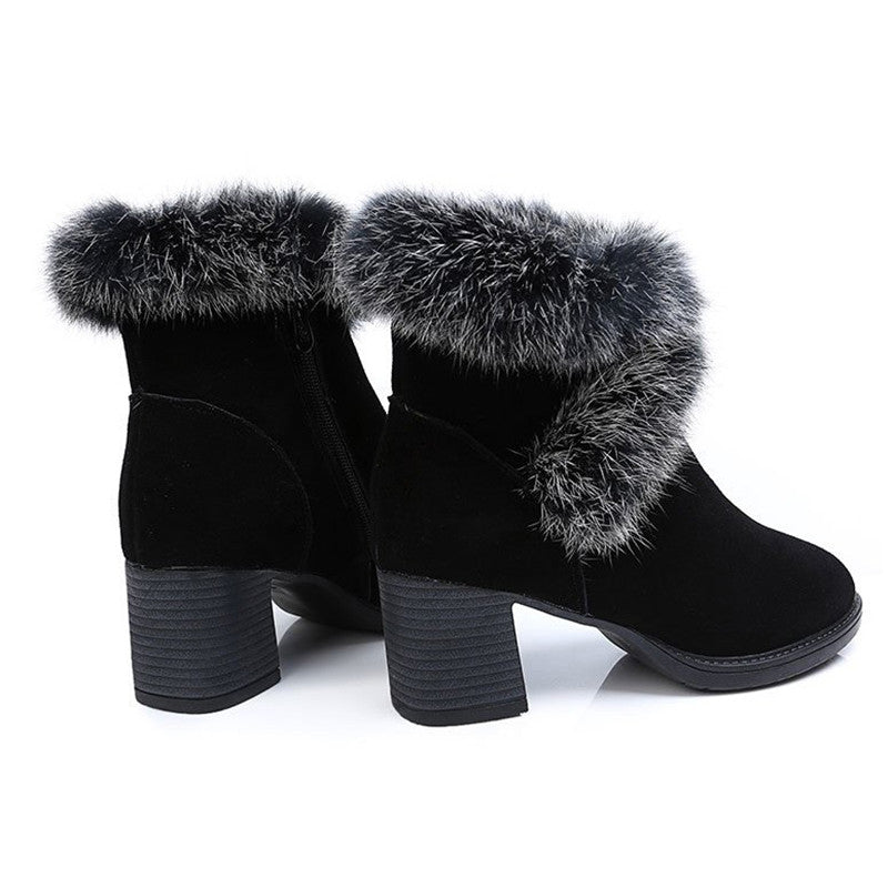 Botas de nieve de piel de conejo zapatos de algodón para mujer tacón medio más terciopelo grueso cálido