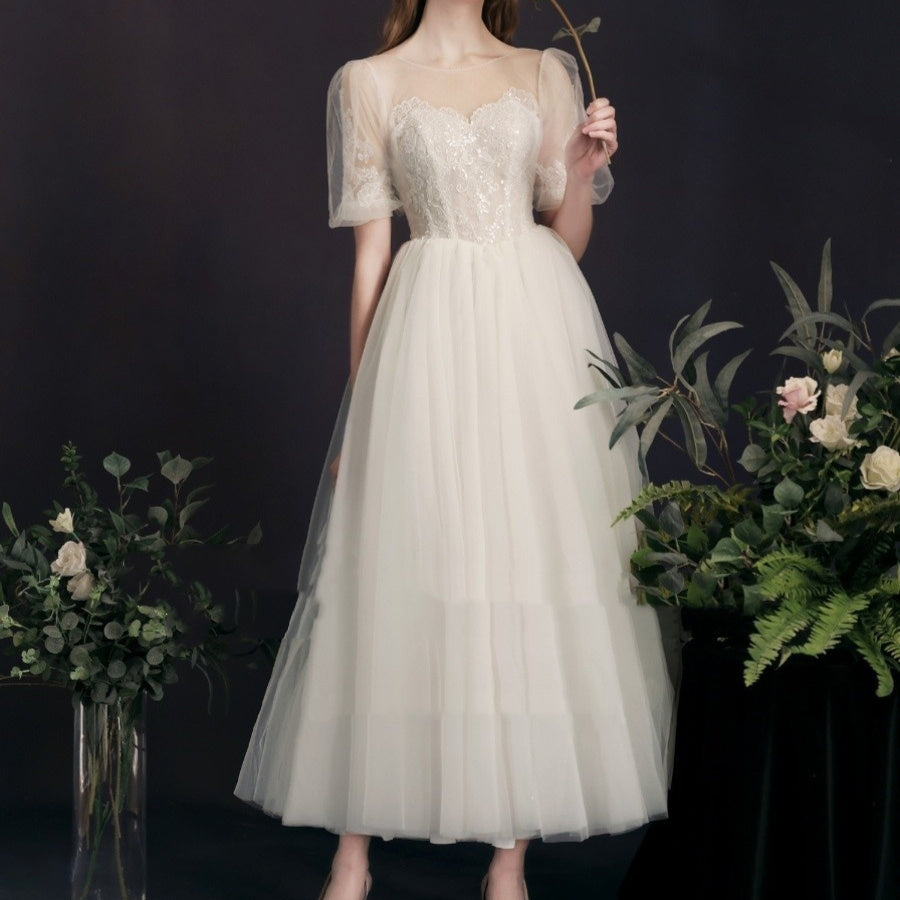 Lantern Bubble Sleeve White Yarn Skirt Mid-length Bridal Gown