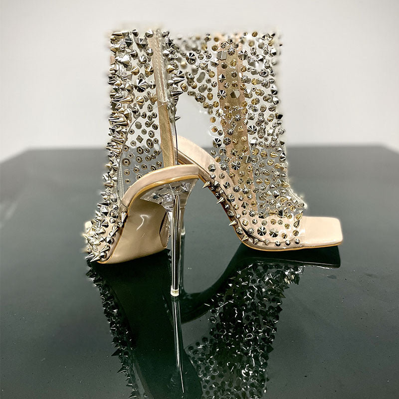 New Fashion Rivet Transparent Stiletto Heel Square Toe Zipper Sandals