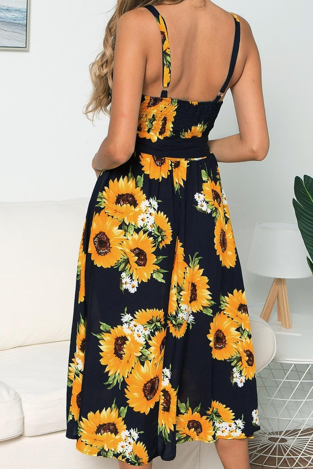 Robe caraco smockée sans manches à imprimé tournesol