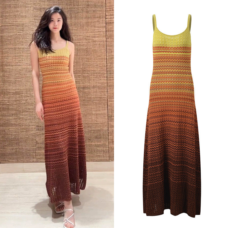 Gentle Niche Design Sunset Afterglow Gradient Color Slim Fit Slimming Spaghetti Straps Dress