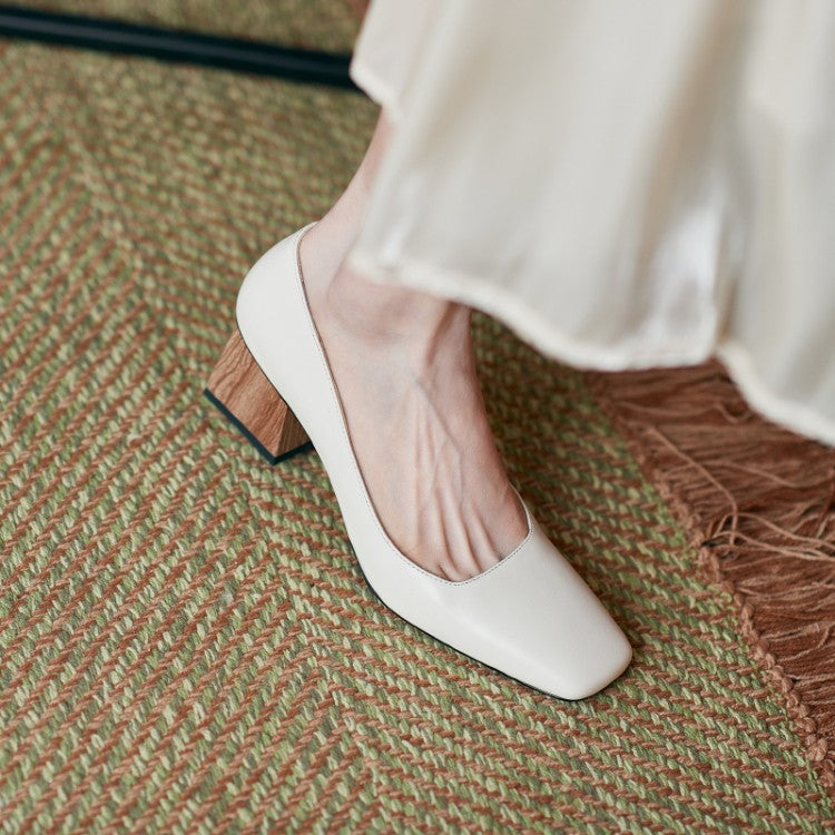 High-heeled Shoes With Square Toe In Thick Cowhide Heel