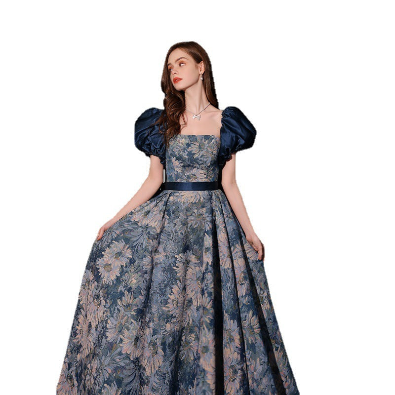 Light Luxury Minority Princess Court Oil Painting Style Tube Top Blue Evening Dress