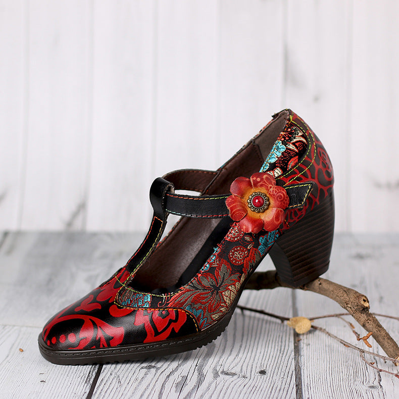 Tacones Altos Mujer Retro Moda Mujer Flores Estilo Étnico Hecho A Mano