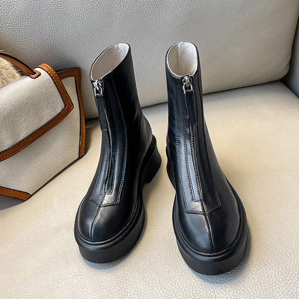 Leather Ankle Boots With Front Zipper All-Match Rider Boots