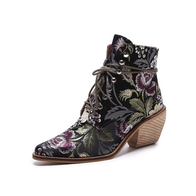 Ethnic Style Embroidered Wood-woven Thick-heeled Short Boots With Front Tie