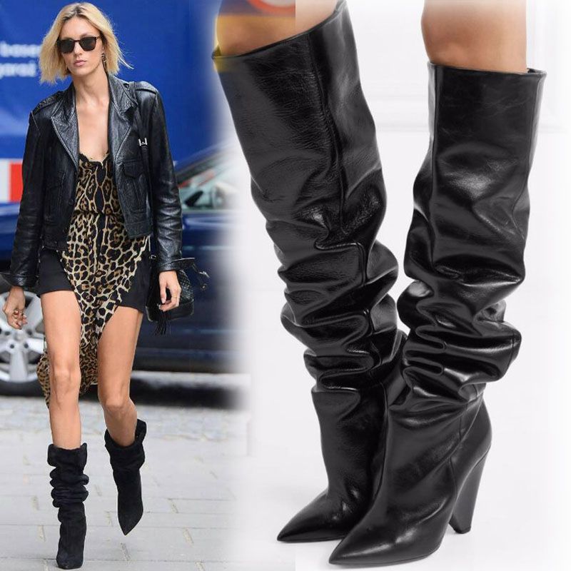 Pointed-toe Folds Profiled Heel Over The Knee Boots Women's One-step Sleeves Are Thinner