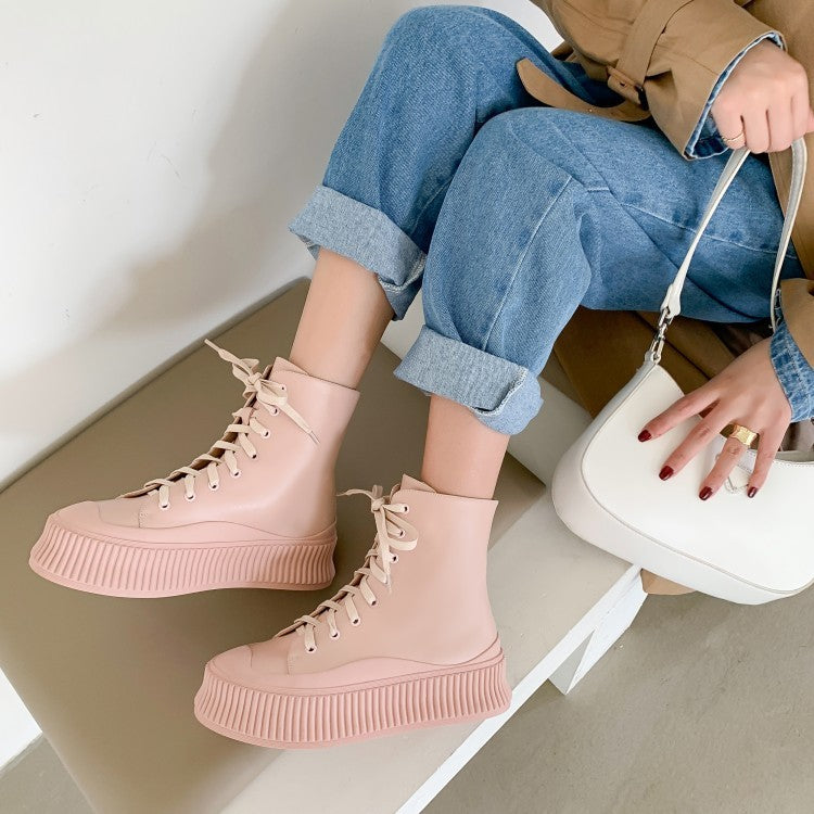 Korean Style Thick-soled Biscuit Shoes Lace-up Flat High-top Women's Short Boots