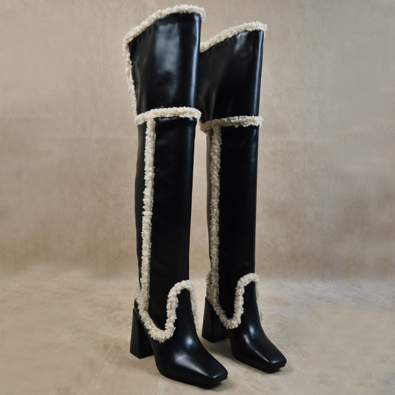 Lamb Hair Square Head Leather Thick Heel High Boot