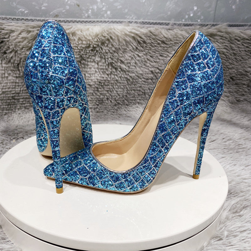 Zapatos de boda de tacón alto con lentejuelas azules todos los días