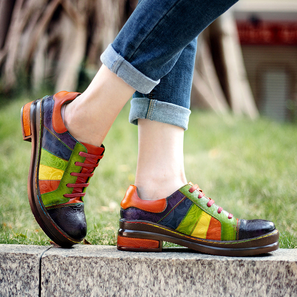 Hand-rubbed Color Stitching Spring Leather Women's Shoes