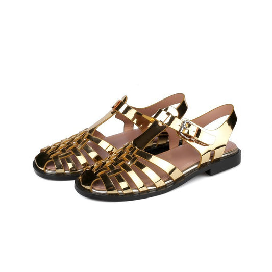 Women's Woven Flat Sandals With Hollow Round Toe In Cowhide