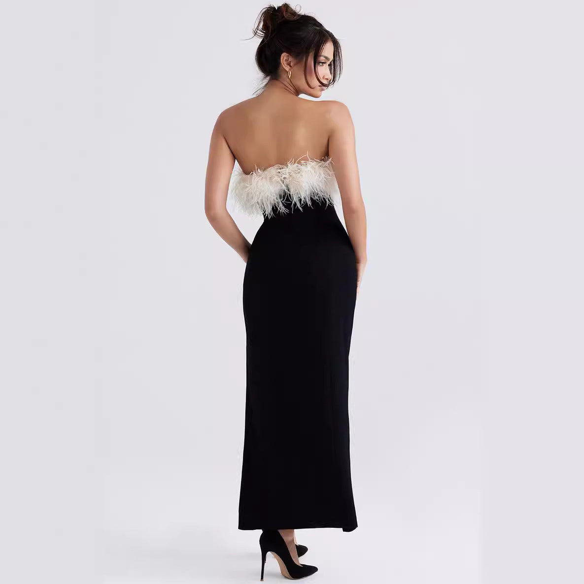 European And American Off-shoulder Contrast Color Ostrich Hair Tube Top High Slit Bandage One-piece Dress