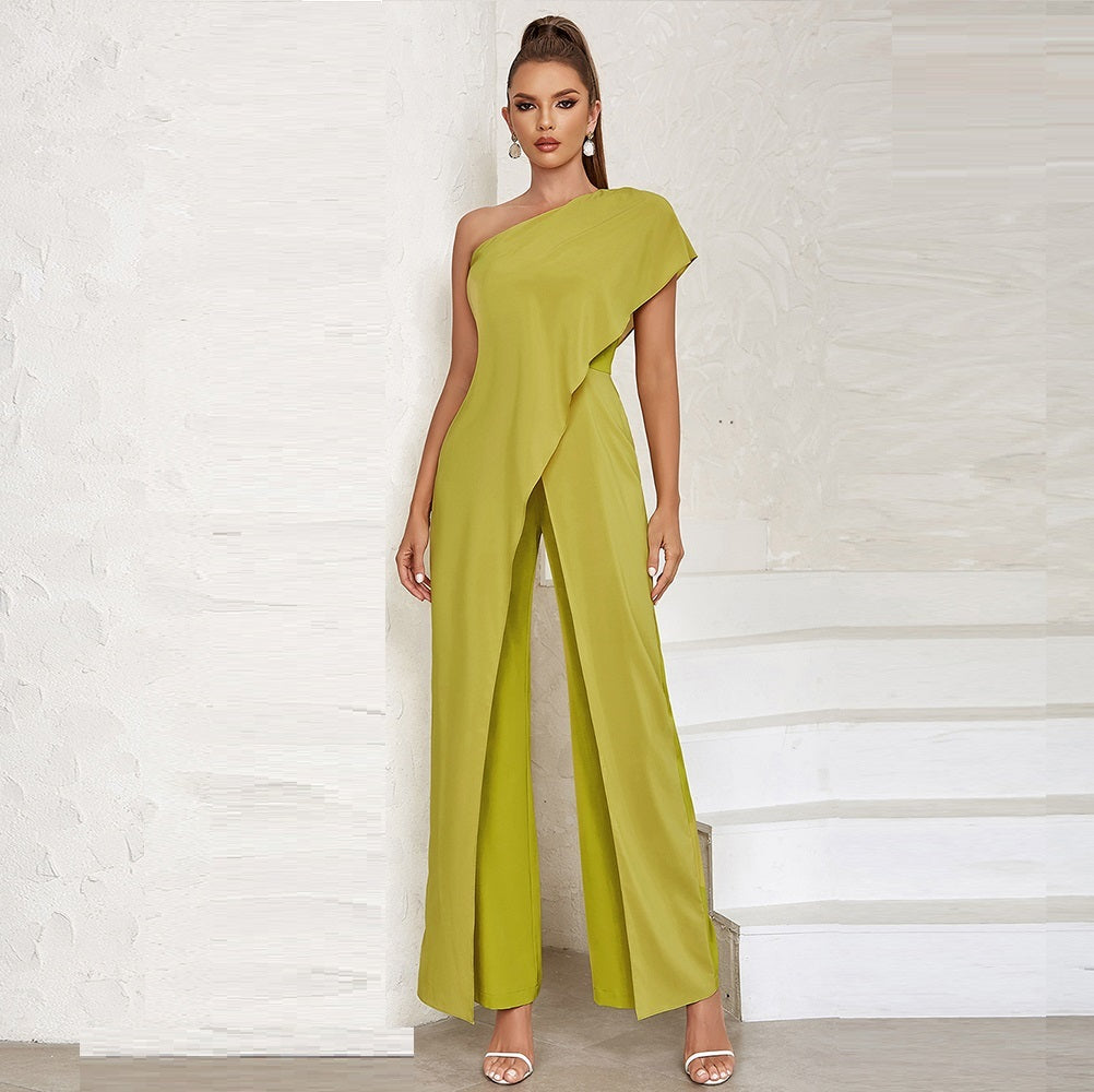 French Olive Green Ruffled Fake Shawl One-shoulder Jumpsuit