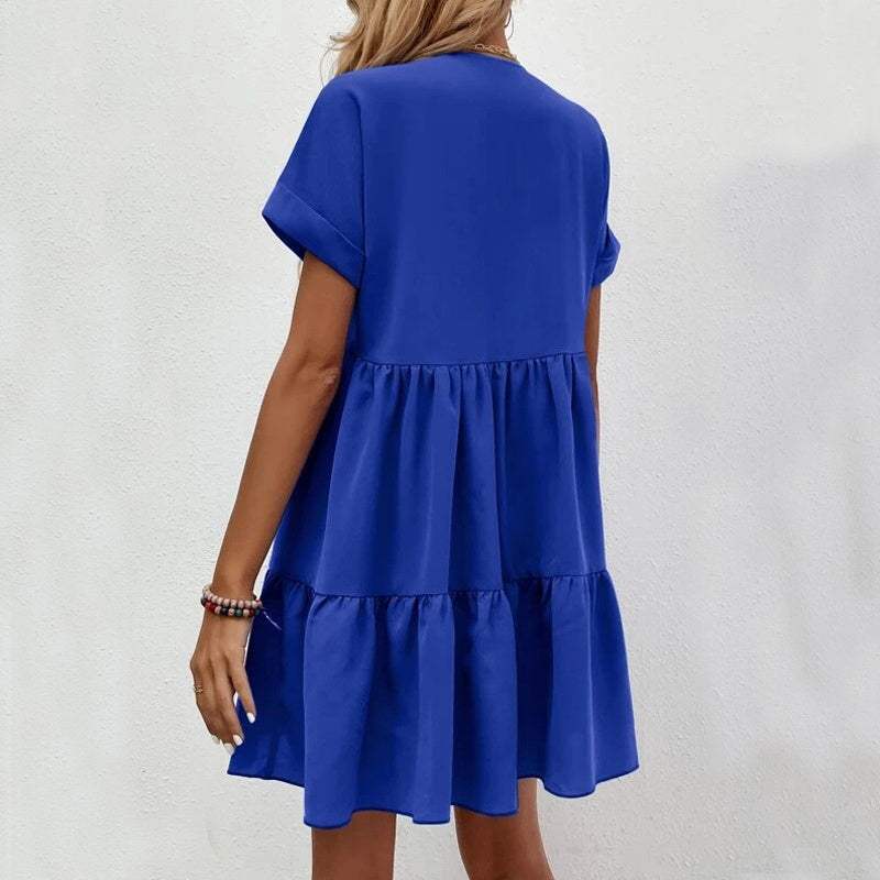 Robe d'été décontractée à manches courtes, col en v, à volants, couleur unie, robe de plage, vacances, vêtements pour femmes, nouvelle collection