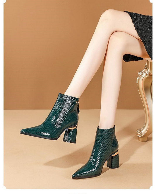 Botas de tobillo de cuero con punta estrecha de otoño e invierno Tacones altos con cremallera de tacón grueso para mujer