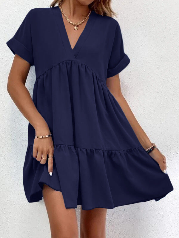 Robe d'été décontractée à manches courtes, col en v, à volants, couleur unie, robe de plage, vacances, vêtements pour femmes, nouvelle collection