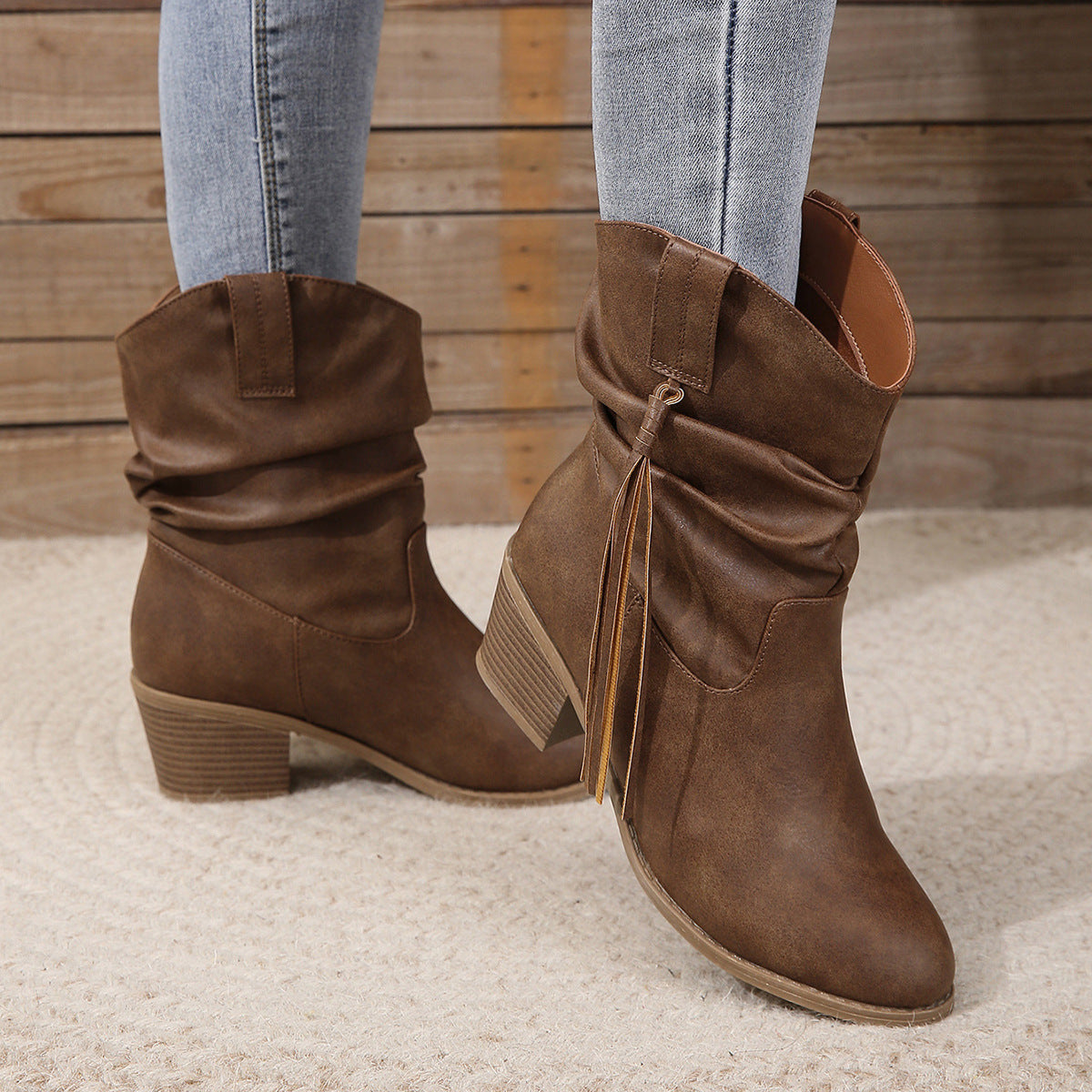 Botas de borlas retro de invierno con tacón cuadrado grueso hasta la mitad de la pantorrilla, botas de caballero estilo western, zapatos de moda para mujer