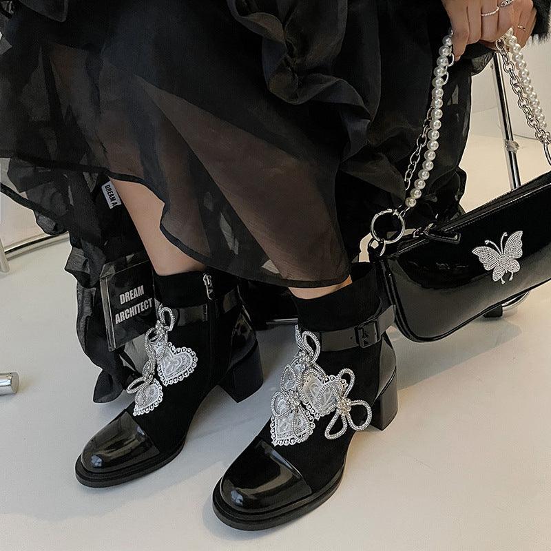 Botas cortas de tacón grueso con flor y lazo de diamantes de imitación