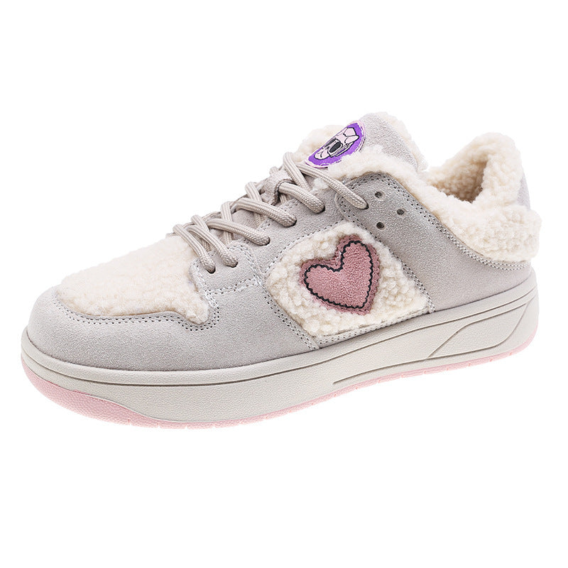 Women's Thick-soled Love Lambs Wool Lace-up And Suede Sneakers