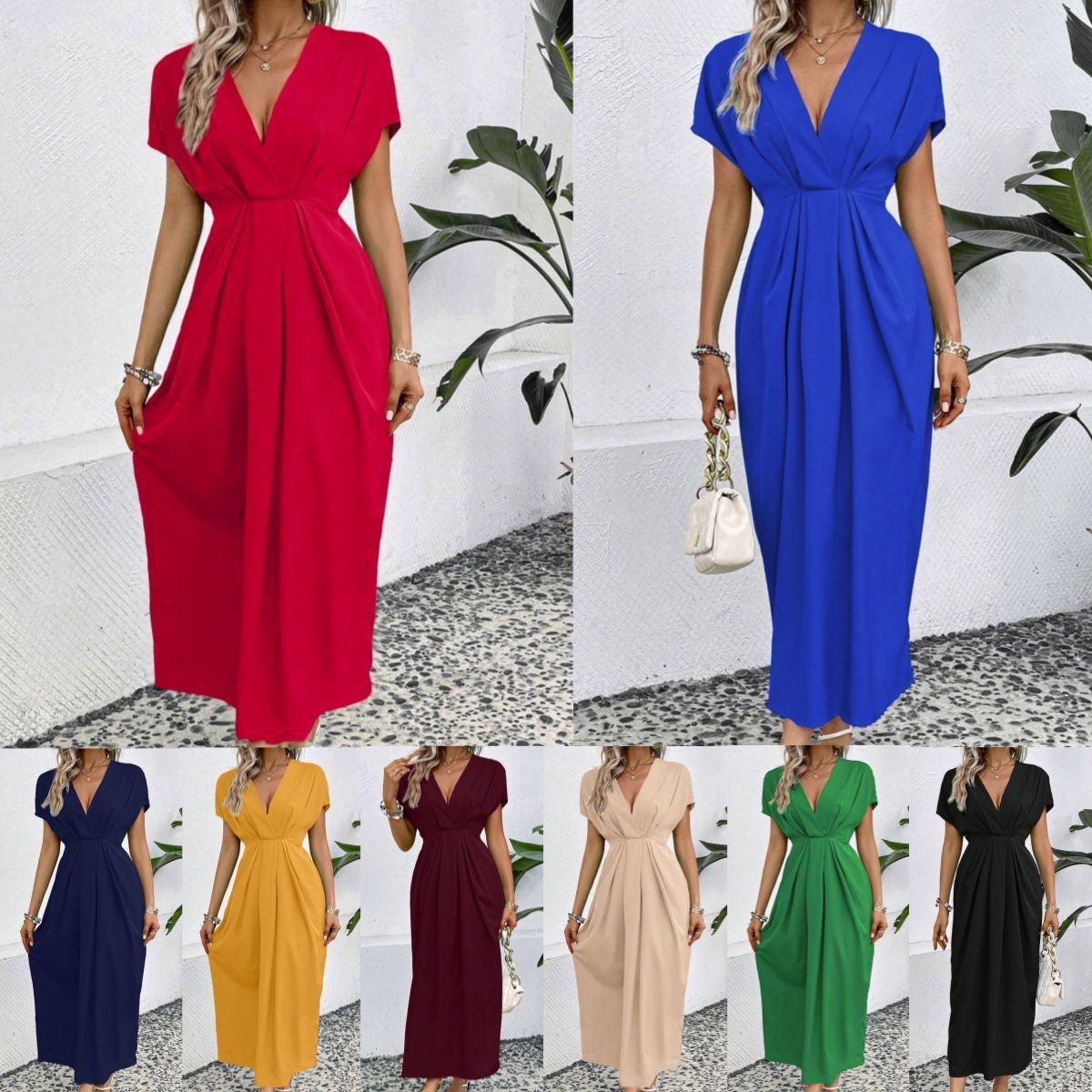 Solid Color Deep V Shoulder Sleeve Folding Elastic Waist Long Dress