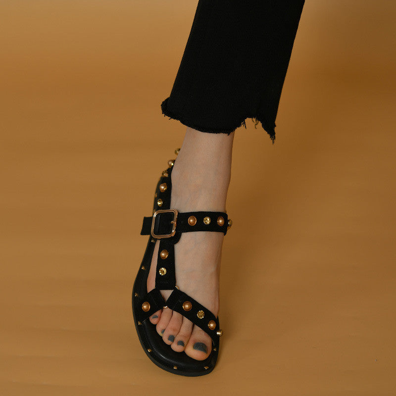 Sandalias de mujer estilo festivo romano naranja plano negro