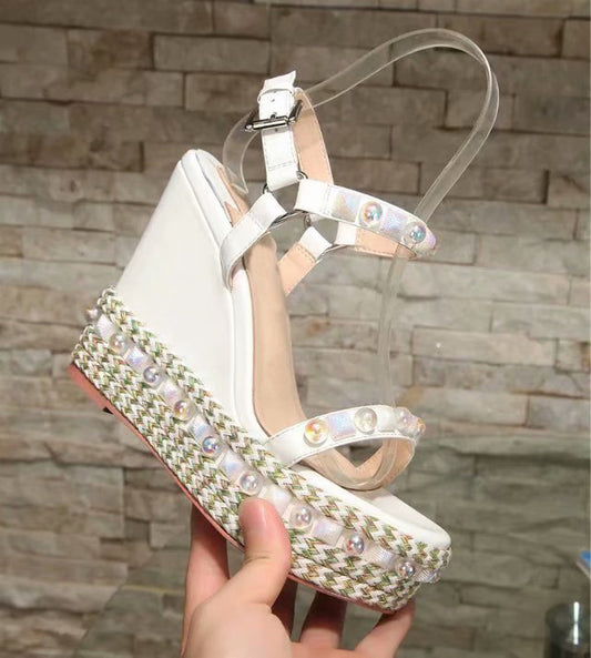 Women's Sandals With Wedge Heel And Pearl Sponge Cake