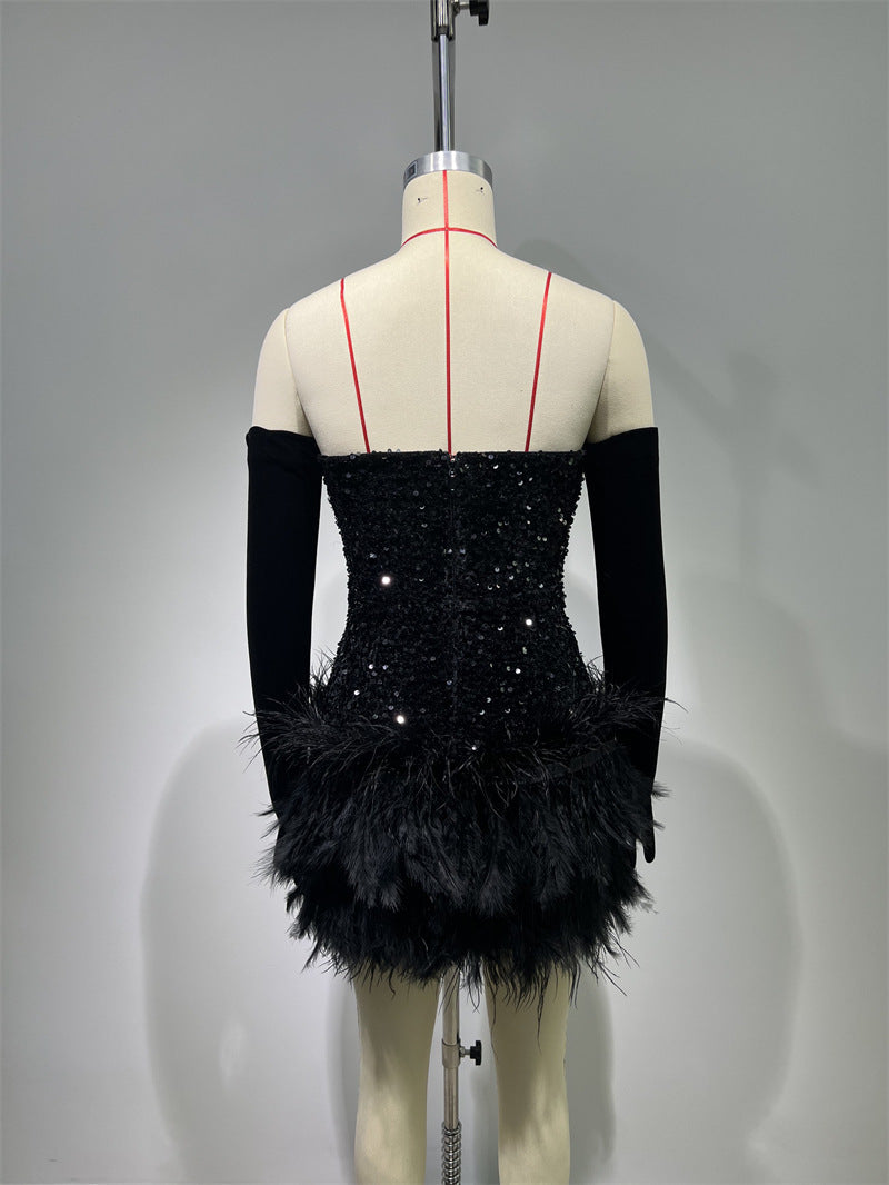 Fashionable Black Paillette Feathered Dress Tube Top Dress Hot Party Dress