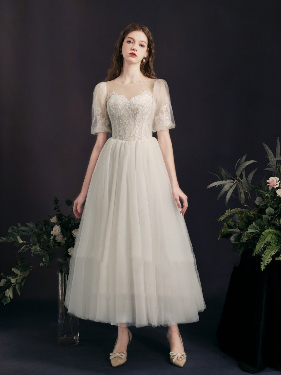 Lantern Bubble Sleeve White Yarn Skirt Mid-length Bridal Gown