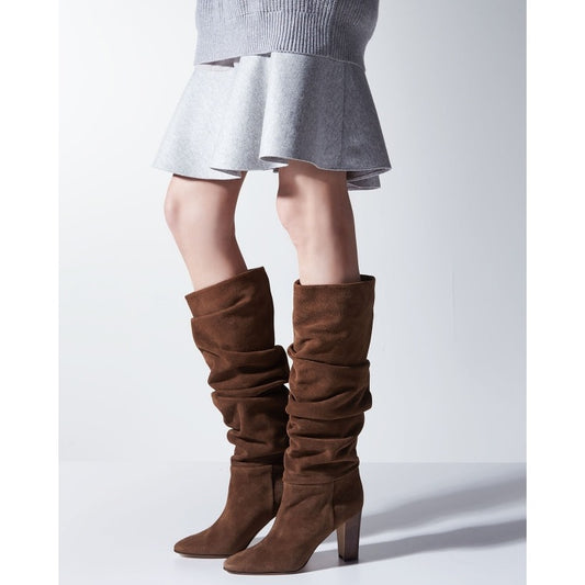 European And American Round Toe Pleated Thick Heel Mid-tube Fashion Boots