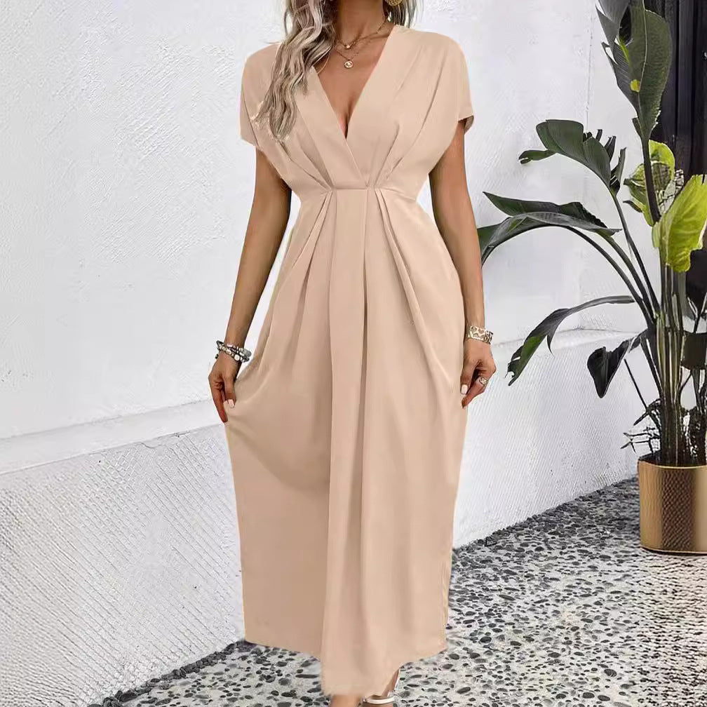 Robe longue de couleur unie, manches à épaules en V profondes, taille élastique pliante