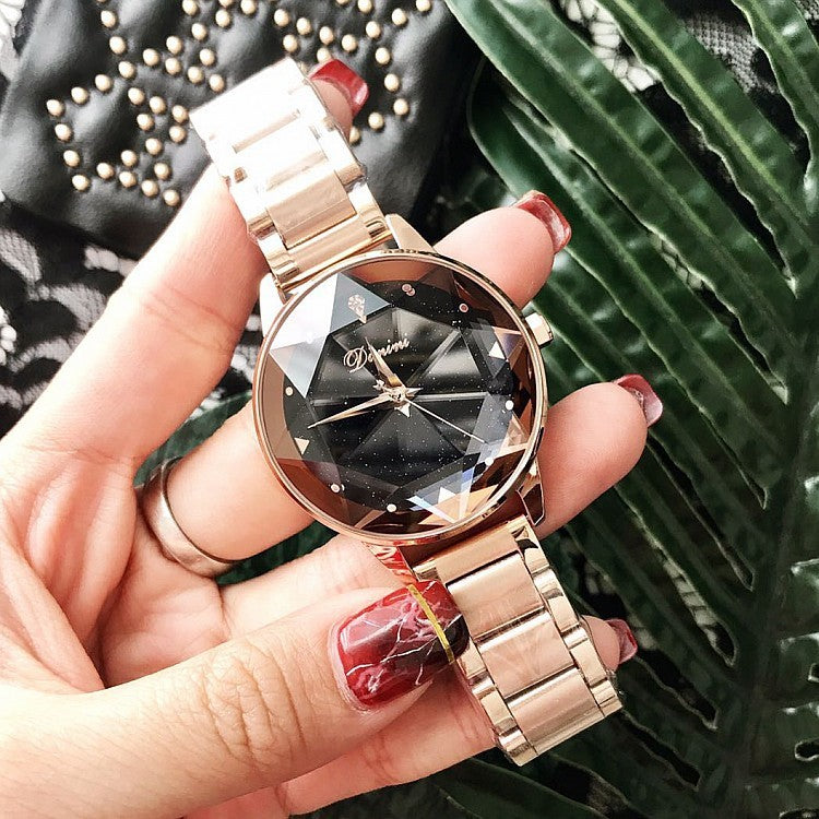 Reloj de mujer con correa de acero púrpura cielo estrellado a la moda de nueva mesa