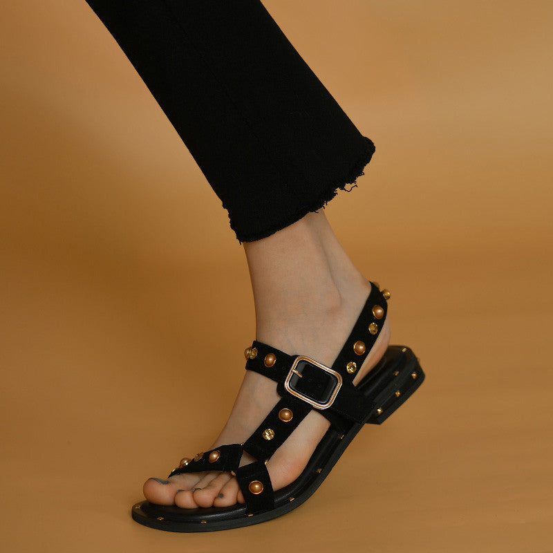 Sandalias de mujer estilo festivo romano naranja plano negro