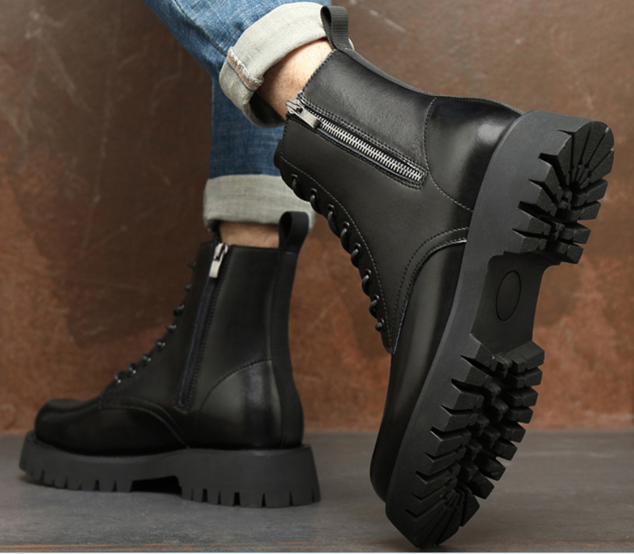 Añadir plataforma de pelo alto zapatos realmente de cuero botas con cremallera para hombres