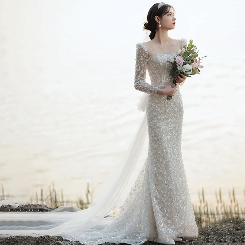 Robe de mariée légère à queue de poisson de style français Tempérament de la mariée