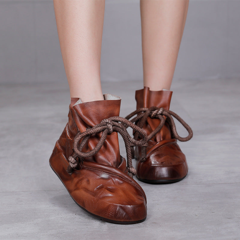 Leather hemp rope round toe retro nude boots