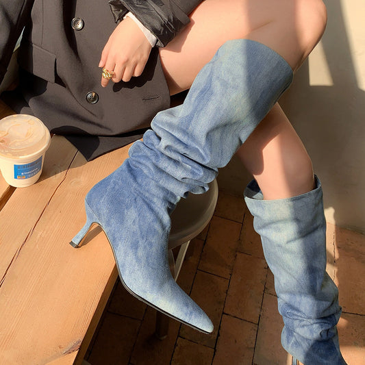 High Heel Shoes Pointed Toe Pleated Boots Big Tube Denim Blue