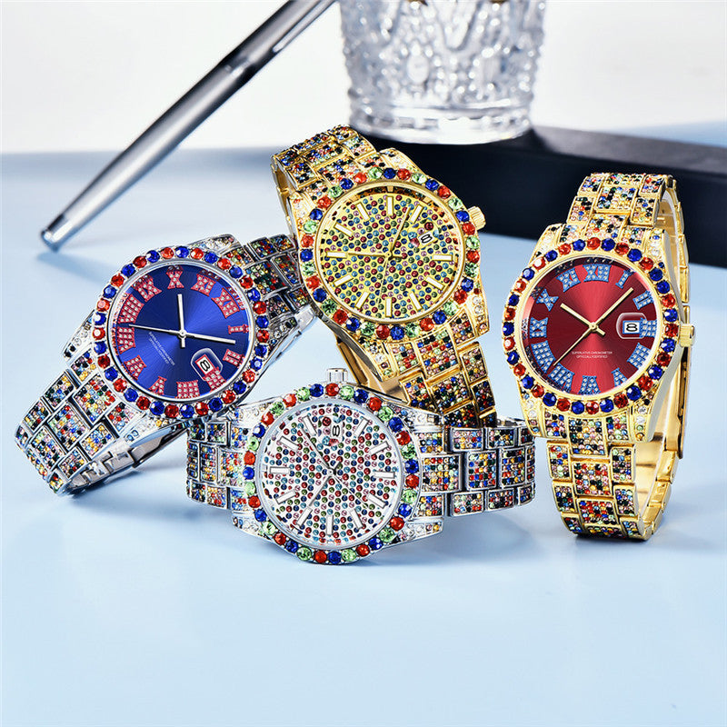 Hip Hop Men Fashion Color Full Diamond Date Quartz Watches