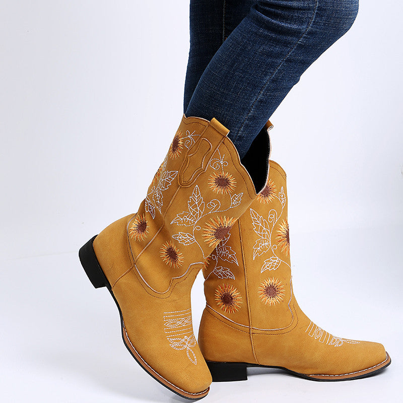 Botas vaqueras para mujer, zapatos con bordado de girasoles, botas vaqueras de tacón bajo