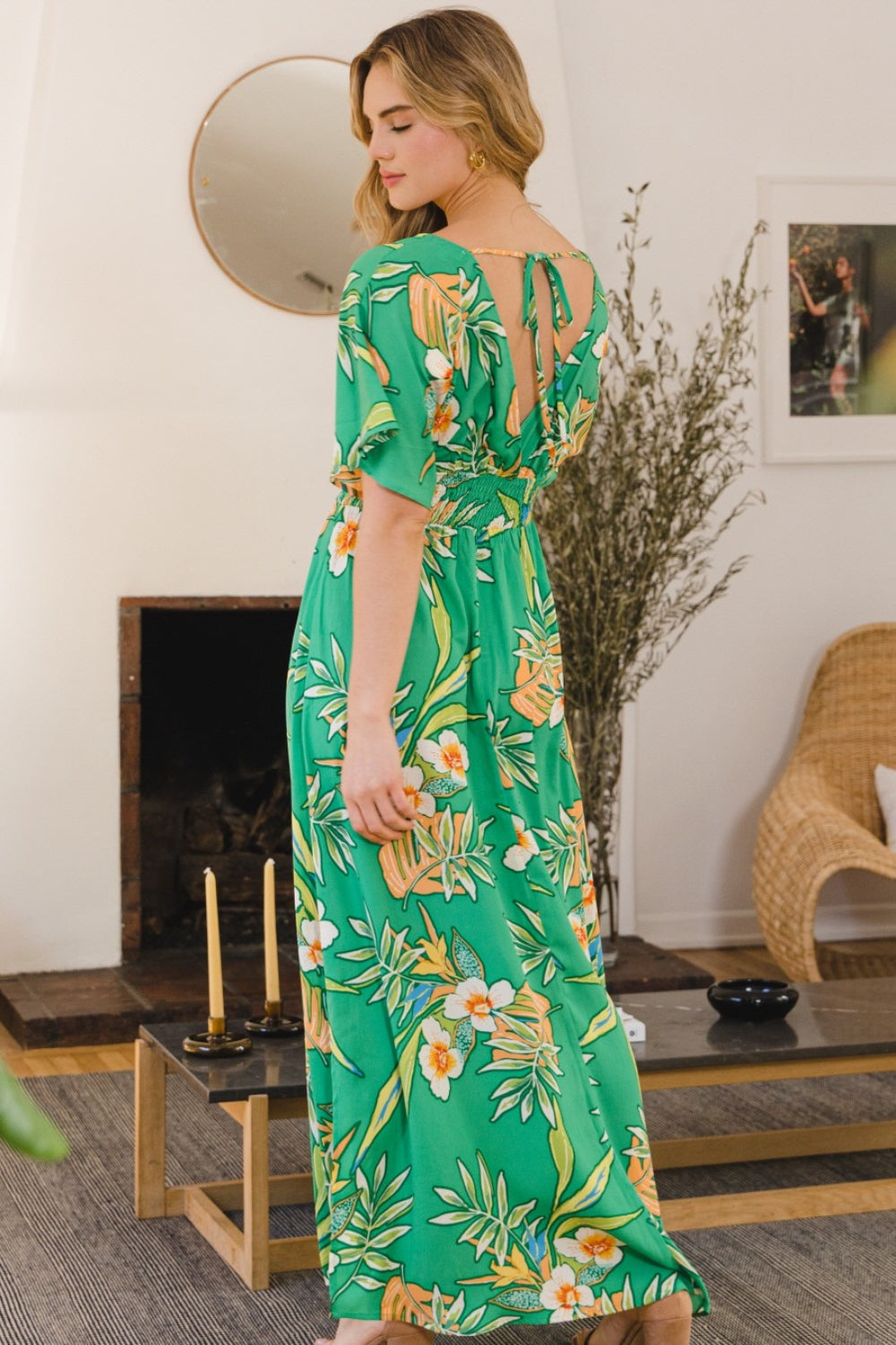 ODDI Robe longue florale smockée nouée au dos pleine taille