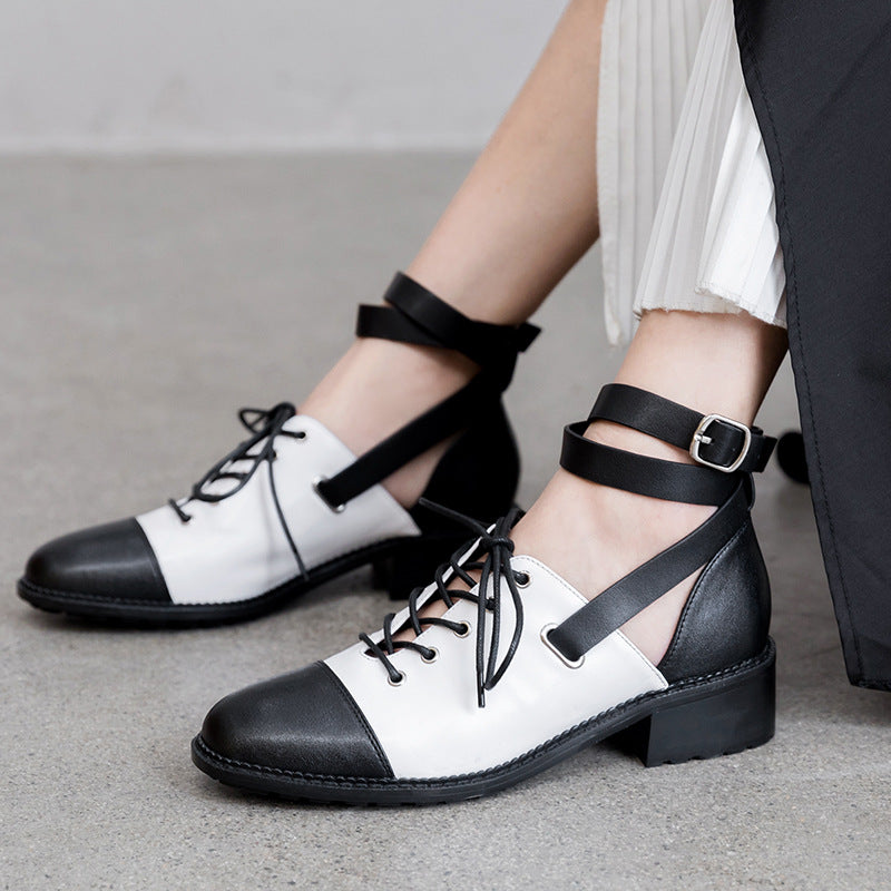 Leather Square Heel Round Toe Front Lace-Up Leather Buckle Small Leather Shoes