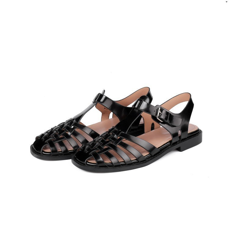 Women's Woven Flat Sandals With Hollow Round Toe In Cowhide