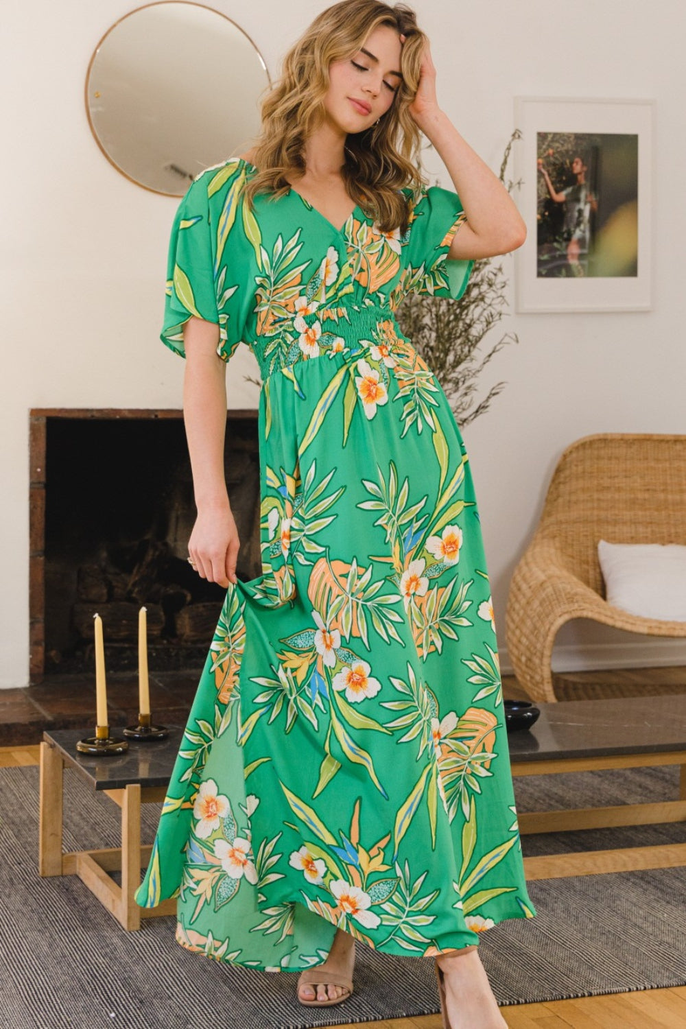 ODDI Robe longue florale smockée nouée au dos pleine taille