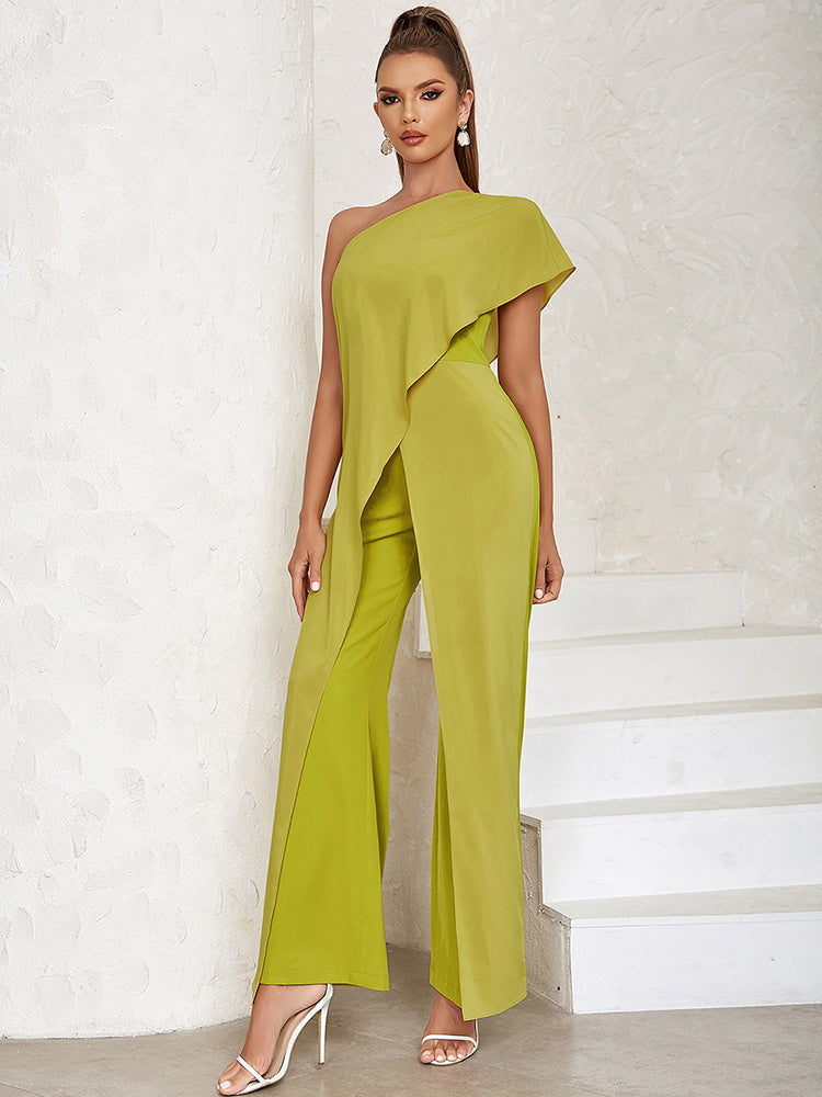 French Olive Green Ruffled Fake Shawl One-shoulder Jumpsuit