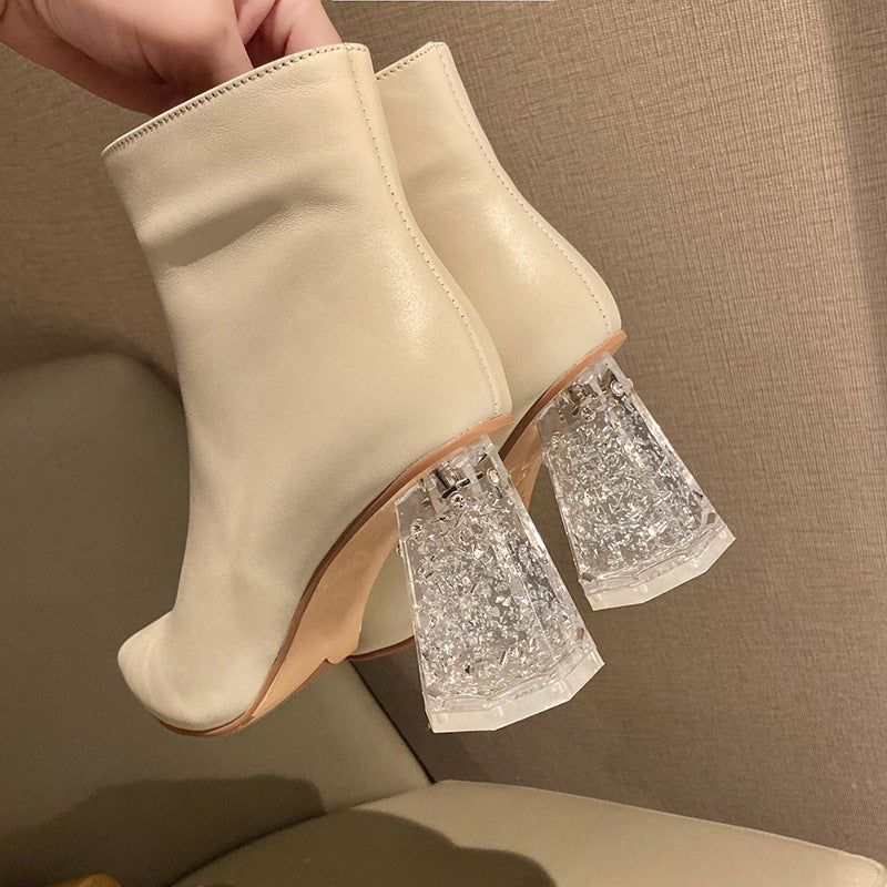 Botas cortas con punta puntiaguda para mujer, botas retro de tacón grueso de cristal, botas individuales