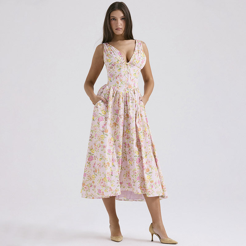 Vestido acampanado con cuello en V, vestidos con vuelo y cintura ajustada con estampado Floral plisado y bolsillos, ropa de verano para mujer