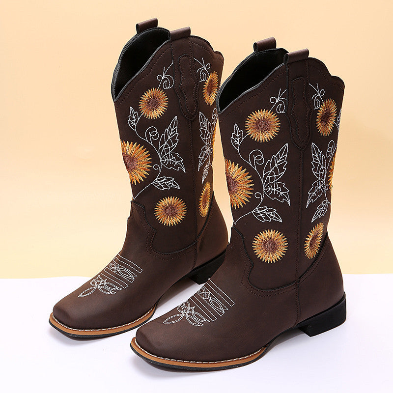 Botas vaqueras para mujer, zapatos con bordado de girasoles, botas vaqueras de tacón bajo